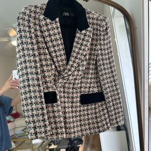 Zara Black and Cream Tweed Blazer